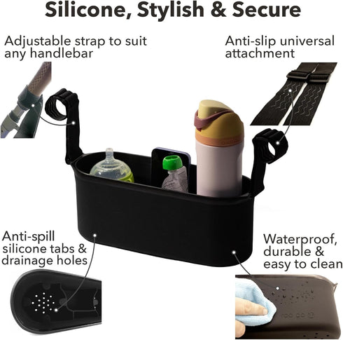 roo go Universal Silicone Stroller Organizer | Waterproof, Easy-Clean Caddy with Secure Cup Holders & Organized