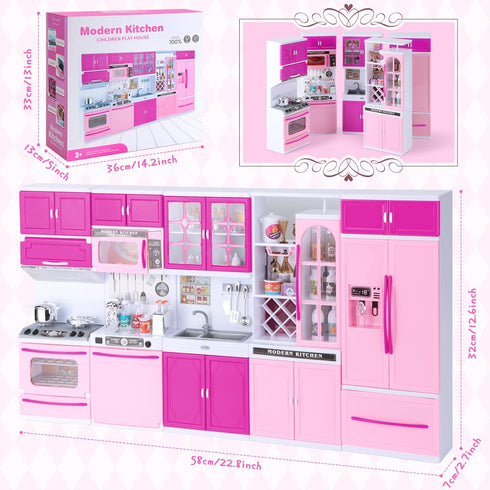 Mastom Playset 56PCS 3 4 5 6 Kitchen for Girls, Play Kitchen Toys for Dolls with Realistic Lights & Sounds, Kids