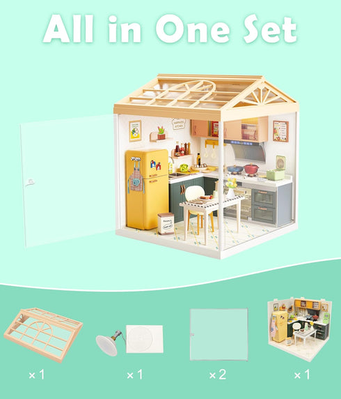 Cozy Set Immersive DIY Miniature Kitchen Dollhouse Kit with LED Light, Dust-Proof Door & Roof - Home Cooking Room