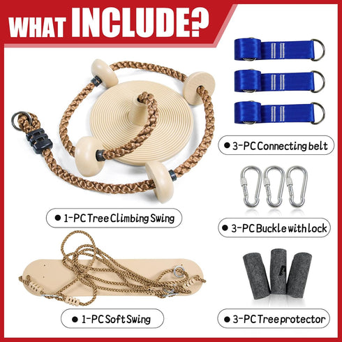 Tree Swing Climbing Rope 2 Pack with Platforms, Red Disc Swings Seat, Outdoor Playground Set Accessories, Khaki