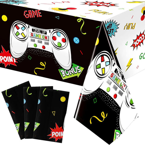 Tatuo 3 PCS Video Game Table Cover - Game Theme Plastic Table Cloth for Boys Girls Kids, 54 x 108 Inch (Cool Black)