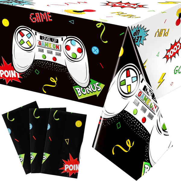 Tatuo 3 PCS Video Game Table Cover - Game Theme Plastic Table Cloth for Boys Girls Kids, 54 x 108 Inch (Cool Black)