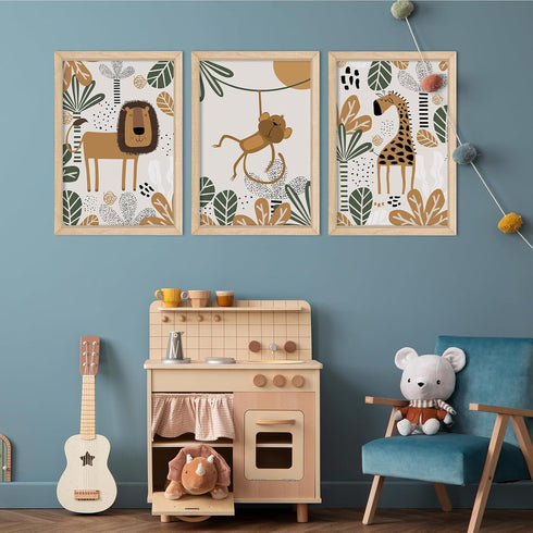 YWJKWLGS Set 3, 16x24 Inch Boho Safari Nursery Wall Art of Natural Solid Wood Framed Animal Print, Giraffe Monkey Lion