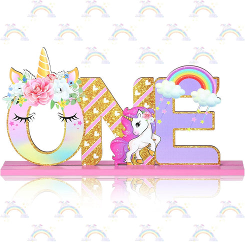 Unicorn One Letter Sign for 1st Birthday - Wooden Table Centerpiece Rainbow Party Decor & Photo Shoot Prop