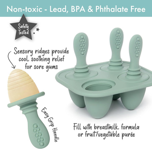 Silicone Petite Pops - Baby Popsicle Mold - BPA Free - Dishwasher Safe - 4 months+ (Sage Green Teether Pops)