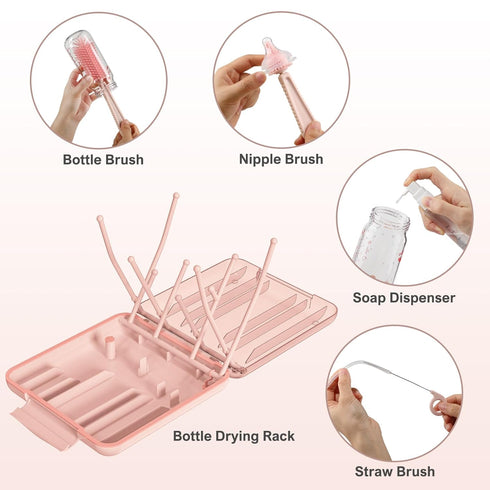 6 1 Set in Baby Bottle Cleaner with Drying Rack,Silicone Baby Bottle Brush,Straw Brush,Nipple Brush,Soap Dispenser