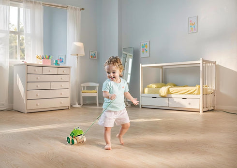 Frog Pull-Along by Hape | Wooden Frog Fly Eating Pull Toddler Toy, 4.6 x 3.3 x 3.8 inches, Green