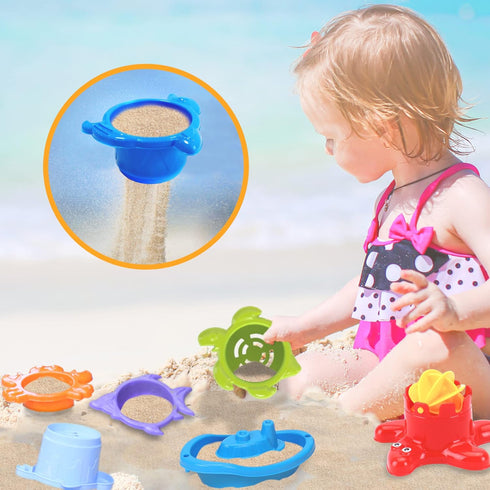 TECHNOK Baby Bath Toys for Toddlers, 12 pcs Rainbow Stacking Cups, Bath Boats, Train, Watering Can, Sea Animal Shapes