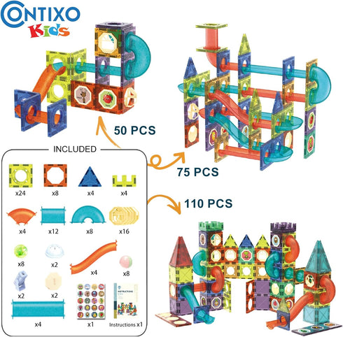 110 3D Set, Contixo STEM Building Toys - pcs Marble Magnetic Run Tiles Learning Stacking Educational Building Blocks
