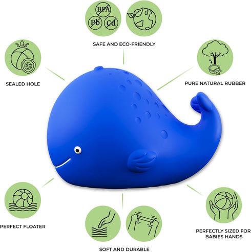 caaocho Pure Natural Rubber Bath Toy - Kala The Whale Baby Toy - Hole Free, BPA Free Bath Toys for Infants, Without