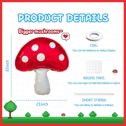 6PCS Large-Mushroom-Balloons Super Red Mushroom Balloons Red Foil Video Game Mushrooms Balloon Birthday Party
