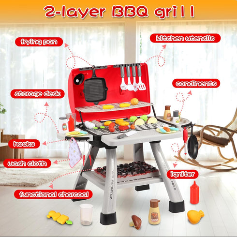 Kids Kitchen Playset with Play Food, 41Pcs Grill Toys with Simulated Smoke Sound & Light, Outdoor Pretend Play Set for