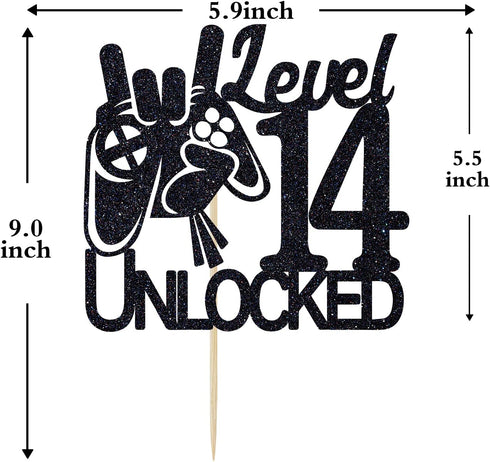 Cos mos Video Game Level 14 Unlocked Birthday Cake Topper - Black Glitter for Boys 14th Birthday Decorations