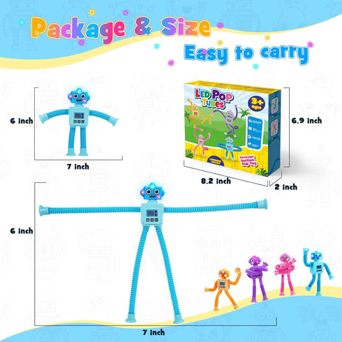 Robot Fidget Toys for Kids: 4 Pack LED Robotic Pop Tubes, Sensory Toy for Ages 2-8, Christmas Birthday Gifts