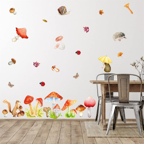Watercolor Mushroom Wall Decals Colorful Mushroom Wall Stickers Cute Animal Autumn Leaf Wall Stickers Peel and Stick