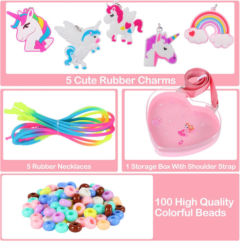 FLYINGSEEDS Unicorn Jewelry Making Kit with 5 Rubber Necklaces, 100 Big Holes Beads Toy Set