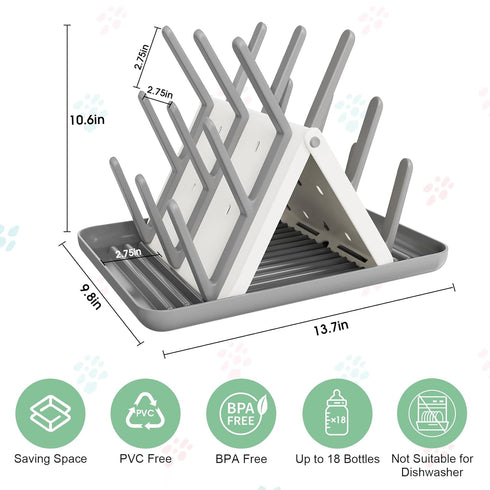 18 Countertop Large Baby Bottle Drying Rack, Space Saving Hooks Slope Travel Bottle Dryer with Removable Drip Tray