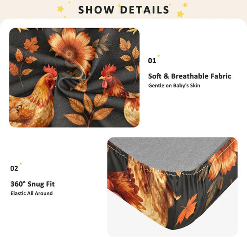 CZXW 52" 28" Rooster Hen Floral Design Crib Sheets Fitted x Natural Cotton Soft & Breathable for Baby Crib Mattress