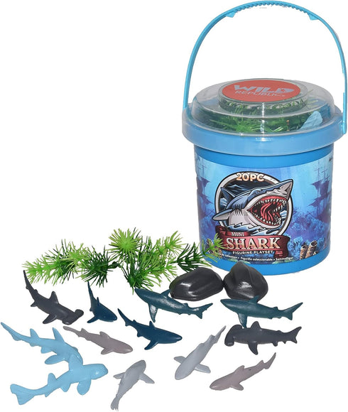 Wild Republic 20-Piece Shark Bucket Toy Figures for Kids Gifts, Ocean Theme Party Supplies