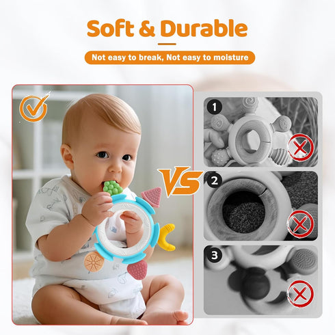 3-6-12 Baby Teething Ring Toy for Months, Silicone Infant Teether for Sore Gum Relief, Soothing Sensory Chew Toy, Ideal