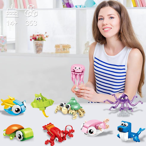 12 Pack Set, 12 1 14+ (353pcs) HIGH GODO Party Favors Building in Shark Marine Animals Building Blocks Toy for Goodie