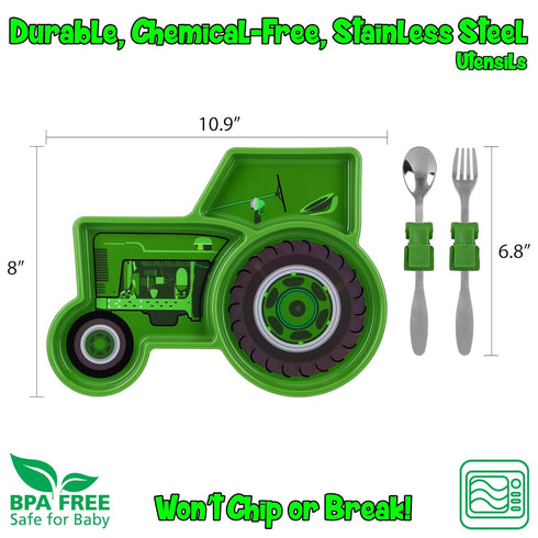 Funwares Green Tractor Kids' Dinnerware Set: Durable Divided Plate, Fun Fork & Spoon, Ideal for Picky Eaters