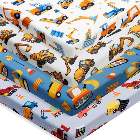 FIGEPO 4 Pack Pack Pack Baby Boy N Play Mini Crib Sheets Soft Fitted Baby Boy Mattress Covers Construction Truck Theme