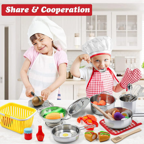 Kids Kitchen Pretend Play Accessories Set, 32 Items Stainless Steel Pots and Pans with Rack Organizer, Cooking Utensils