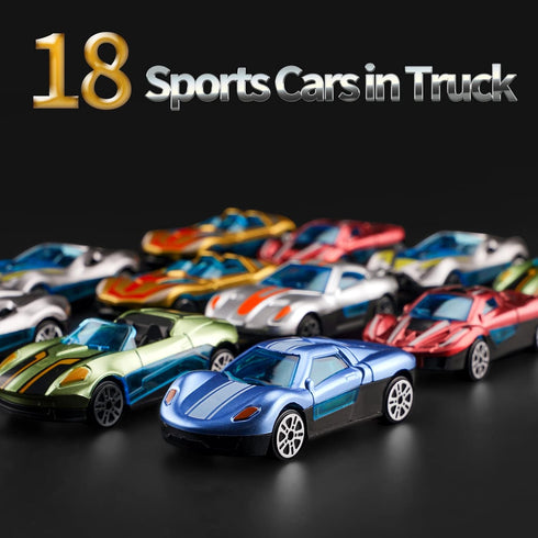 BoomCaCa 18 3-10 Toy Truck Transport Car Carrier - Sport Cars in Truck Toys, Toys for Boys and Girls Age yrs Old, Ideal