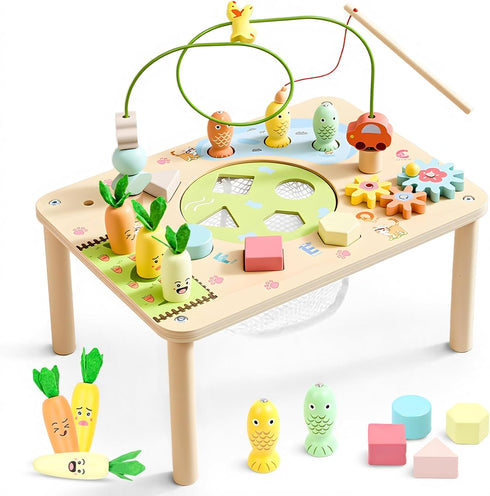 6 1 1st WINGYZ Activity Table, in Wooden Montessori Activity Center with Bead Maze Shape Sorter Fishing Game, Kids