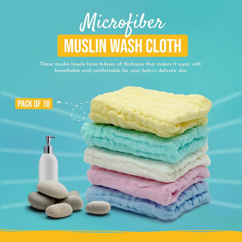 ARSAHA Pack 10 Set (12x12), 6 100% of Baby Muslin Washcloths Layers Multi-Colored Baby Washcloths Made of Organic