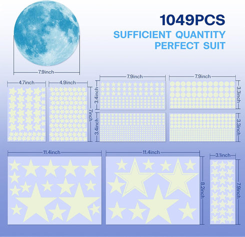Glow in The Dark Stars for Ceiling, 1049PCS Wall Stickers Including Moon and Stars Decor for Kids Room