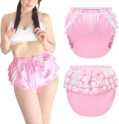 Littleforbig Washable Reusable Waterproof Ruffled Lace Bow Pretty in Pink Satin Over