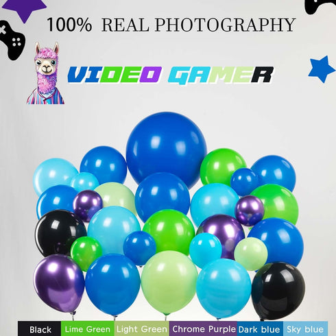 Video Game Balloon Garland Arch Kit - 140pcs Purple Blue Green Black Balloons with DIY Star Controller Mylar Balloon
