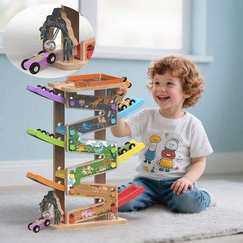 Playsets 6 2 3 Wooden Race Track Car Ramp Racer Toy for Tollders, Dinosaur Car Ramp Toy Vehicle with Mini Cars - Fine