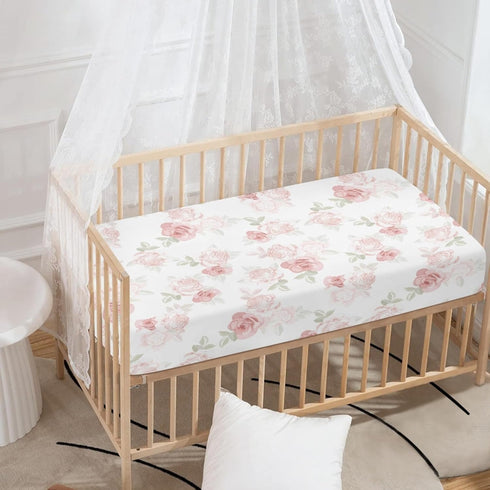 JEPFEIXIA 28"x52" Pink Roses Fitted Crib Sheet for Boys Girls Beautiful Flower Leaves Baby Sheet for Standard Crib