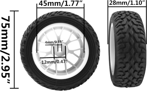 OD 75mm/2.95'' Rubber Tires & Plastic Wheel Rims, 12mm Hex for Traxxas HSP Tamiya 1/10 On-Road Cars