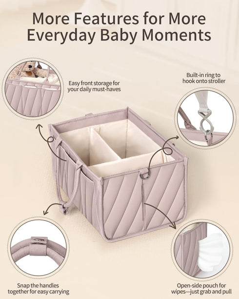 VKSAO Diaper Caddy Organizer Portable Storage Basket with Shoulder Strap & Stroller Hooks, Splashproof Quilted Nursery