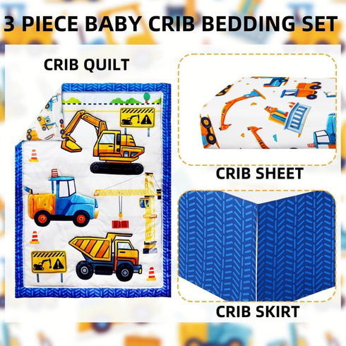 FIGEPO 3 Set Set Set Piece Baby Boy Crib Bedding Construction Theme Baby Comforter for Crib Nursery Bed Decor
