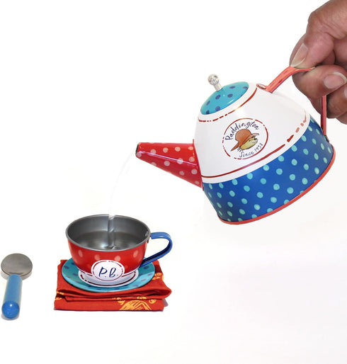 YOTTOY Paddington Bear Collection, 14-Piece Kids Tin Tea Set with Illustrations & Sturdy Carrying Case