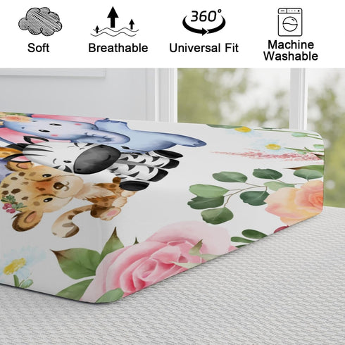 Jungle Safari Animals Changing Pad Cover with Tropical Leaves, Lion, Elephant, Zebra, Giraffe, Hippo, 32''x16''