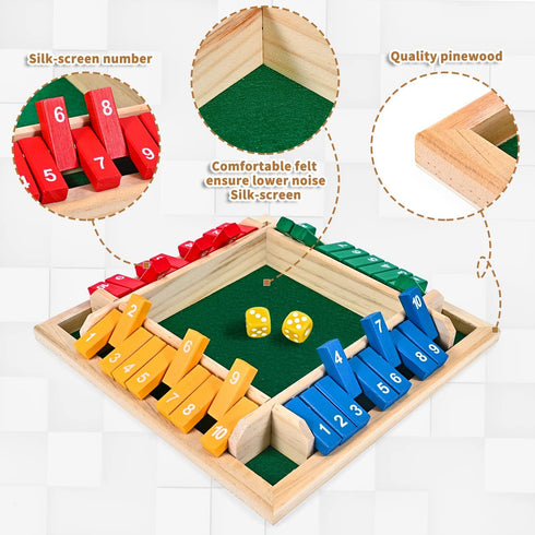 Shut The Box Dice Game for 1-4 Players - Traditional Wooden Pub Bar Board Game with 10 Numbers for Kids and Adults