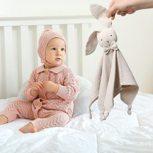 LAWKUL Baby Lovey Organic Cotton Muslin Soft Security Blankets, Comfy Lovie for Infant Boy Girls Unisex Bunny Khaki