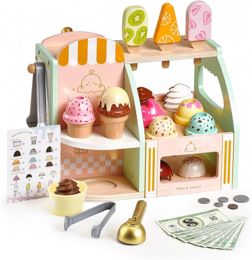 Set, 3+, Giant bean Wooden Ice Cream Play with Drop-Down Dispenser, Play Kitchen Accessories with Cones, Popsicles