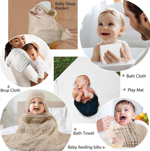 VitalCozy 6 (32 32 Inch,Beige,Sage Pcs Baby Muslin Hooded Bath Towels and Washcloths Muslin Cotton Hooded Baby Towels