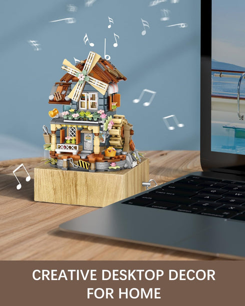 Music Box Building Blocks Set: Japanese Street View Windmill House Creative Model for Adults