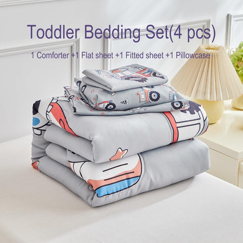 Set Boys,4 Set,Truck Set Construction Toddler Bedding for Pieces Gray Toddler Comforter Vehicles Excavator Cars