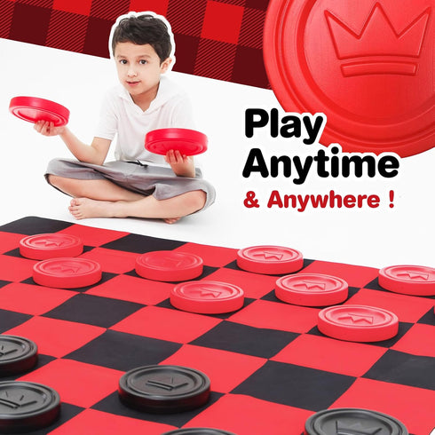Jumbo Checkers Set with Storage Bag, 58 Inch Mat for Outdoor & Indoor Play, Backyard Board Games for Kids Ages 5-8,