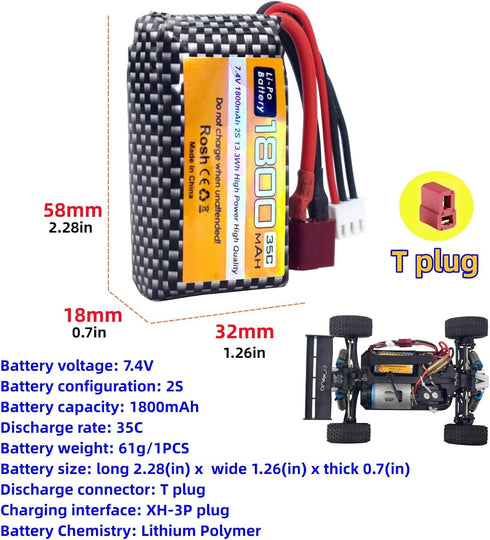 2PCS 7.4V 35C 1800mAh Lithium Battery with USB Charging Cable for WLTYOS K929-B A959-B 12401 12402 12403 12404 12423 12428 144001 1/18 1/14 1/12 RC Toy Car Battery