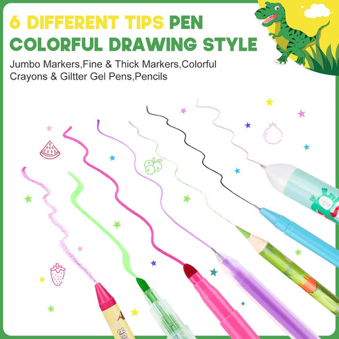Set 57Pcs 4-6-8, 5,7,Gel Fruit Scented Markers with Glitter Dinosaur Pencil Case & Stationery, Art Supplies for Kids